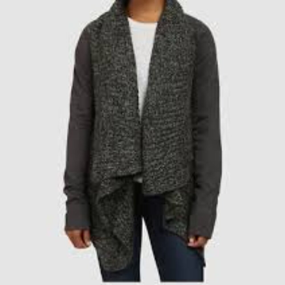 PRANA Demure Wool Blend Open Cardigan Womens S Gray Draped Knit Elevated Active